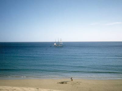 Ein Segelschiff in der Nähe vom Strand